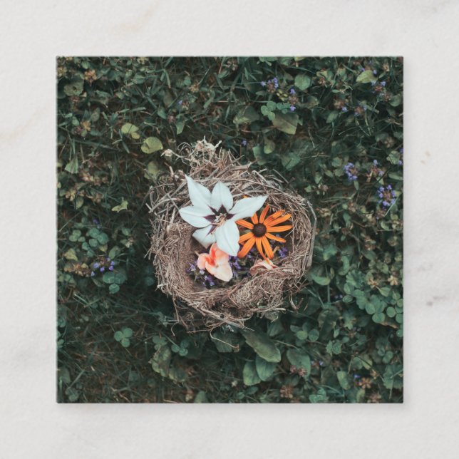 Blommigten bygga bo fyrkantigt visitkort (Framsida)