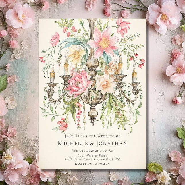 Blommigten Chandelier Bröllop Inbjudningar (Front - Beautiful Watercolor Floral Chandelier Wedding Invitation)