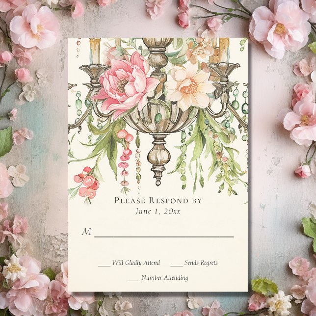 Blommigten Chandelier Bröllop OSA Kort (Front - Beautiful Watercolor Floral Chandelier Wedding RSVP Card)
