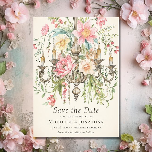 Blommigten Chandelier Bröllop Spara Datumet (Front - Beautiful Watercolor Floral Chandelier Wedding Save The Date)