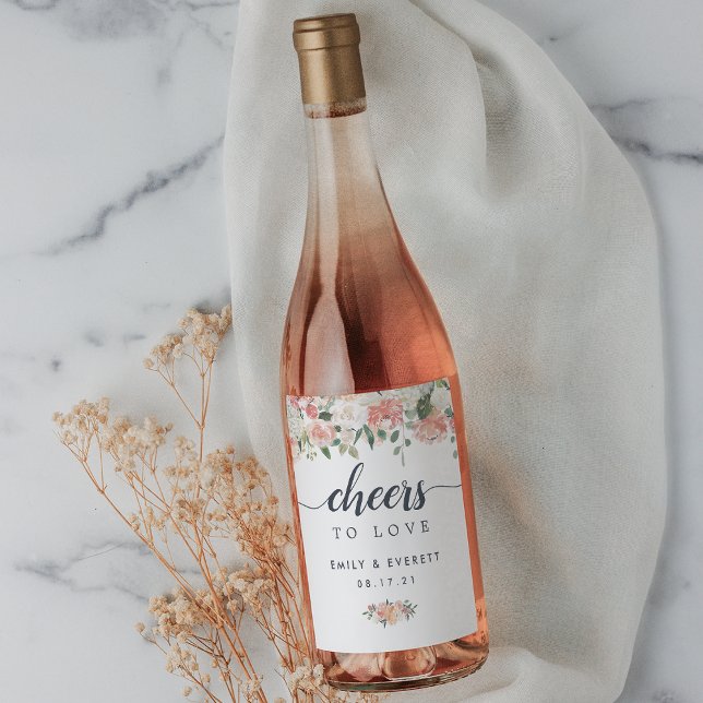 Blommigten "Cheers to Kärlek" Bröllop Vinflaska Etikett (Skapare uppladdad)