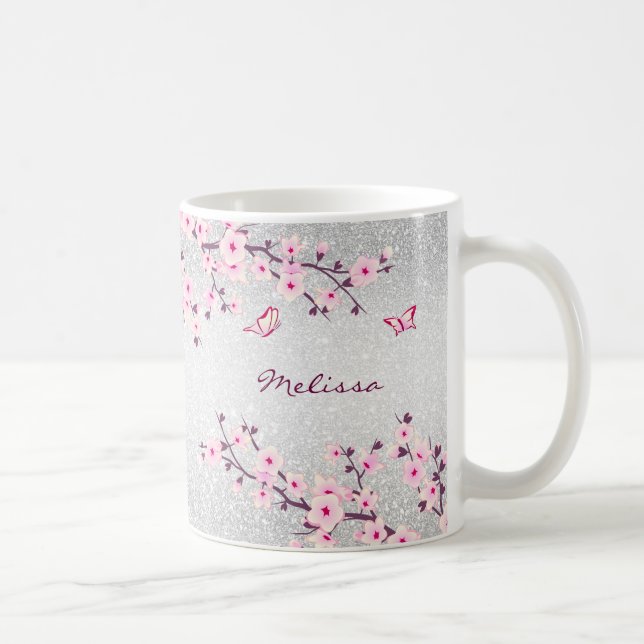 Blommigten Cherry Blommar Silver Glitter Monogram Kaffemugg (Höger)