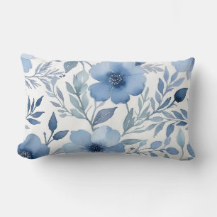 Blommigten chic blå vattenfärg lumbarkudde