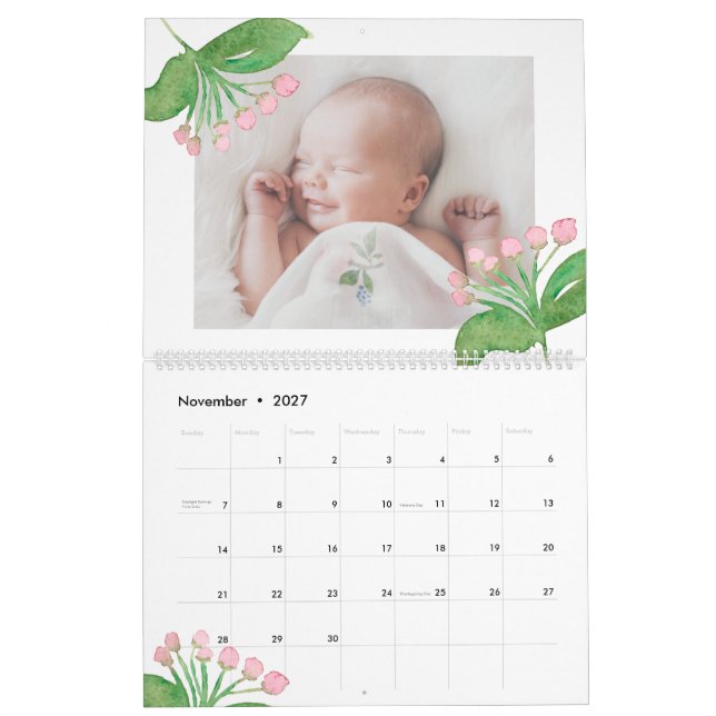 Blommigten chic med vattenfärg Redigerbart årfoto Kalender (Nov 2027)