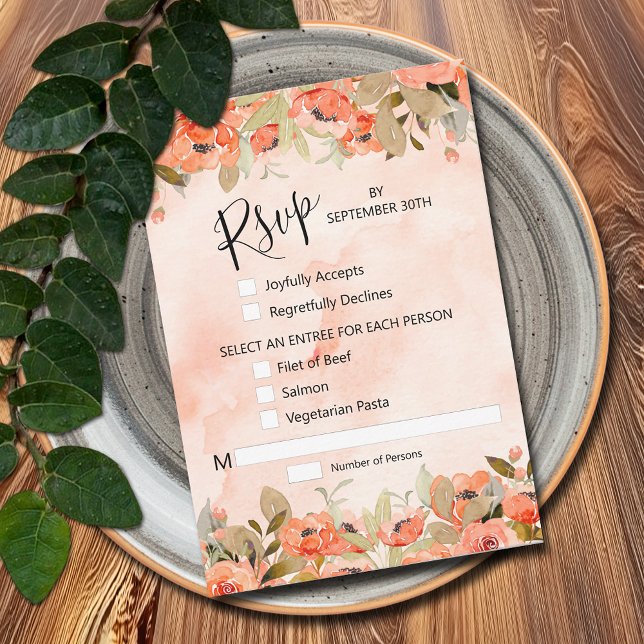 Blommigten chic vattenfärg OSA kort (Watercolor Orange Floral RSVP Cards with menu selections)