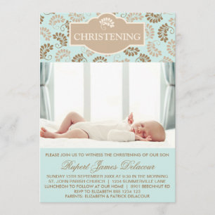 Blommigten Christening Photo Blue Elegant Inbjudningar