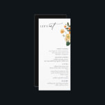 Blommigten Citrus Orange Menu Meny<br><div class="desc">Menykort för citrusfrukt och Blommigt i Orangen Bröllop. Chic svart typografimall med många linjer för menyalternativ på anpassningsbarna.</div>