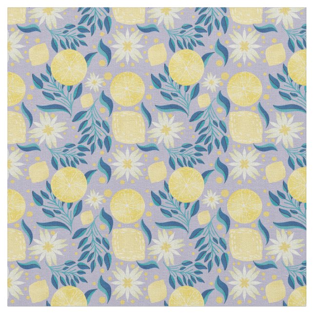 Blommigten Citrus Periwinkle Tyg (Närbild)