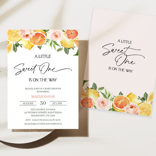 Blommigten Citrus Sweet One Baby Shower Inbjudningar (Little Sweet One Baby Shower Invitation, Floral Citrus Baby Shower Invitation Girl, Lemons Oranges)