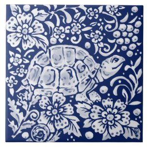 Blommigten Cobalt Navy Blue Woodland Turtle Snigel Kakelplatta