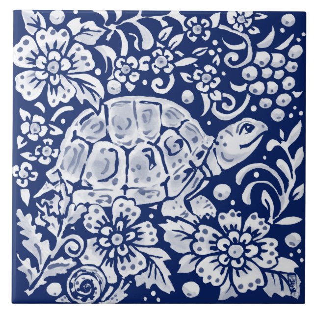 Blommigten Cobalt Navy Blue Woodland Turtle Snigel Kakelplatta (Framsidan)