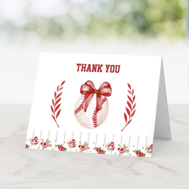 Blommigten Coquette Baseball Red Bow Modern födels Tack Kort (Coquette Baseball Red Bow Floral Modern Birthday Thank You Card)