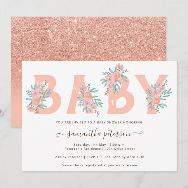 Blommigten Coral glitter, vattenfärgen brev babydu Inbjudningar (Fram/baksida)
