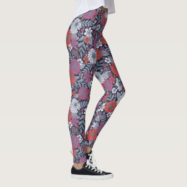 Blommigten Coral, Magenta och Blue Zinnias Leggings (Höger)