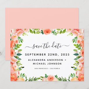 Blommigten Coral Peach Greenery Spara datum Inbjudningar