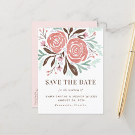 Blommigten Coral Watercolor Rustic Ro Spara datum Meddelande Vykort