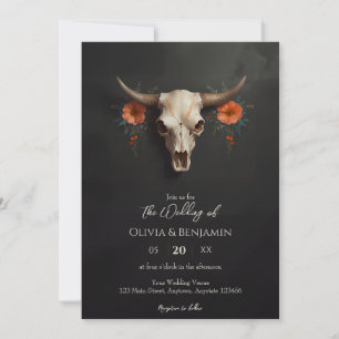 Blommigten Cow Skull Bröllop med minimalistisk vat Inbjudningar