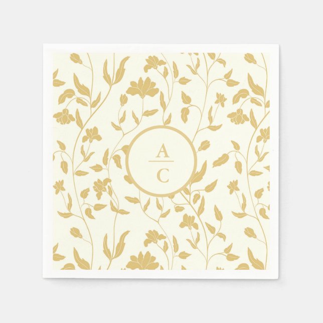 Blommigten Cream och guld Bröllop Monogram Pappersservett (Framsidan)
