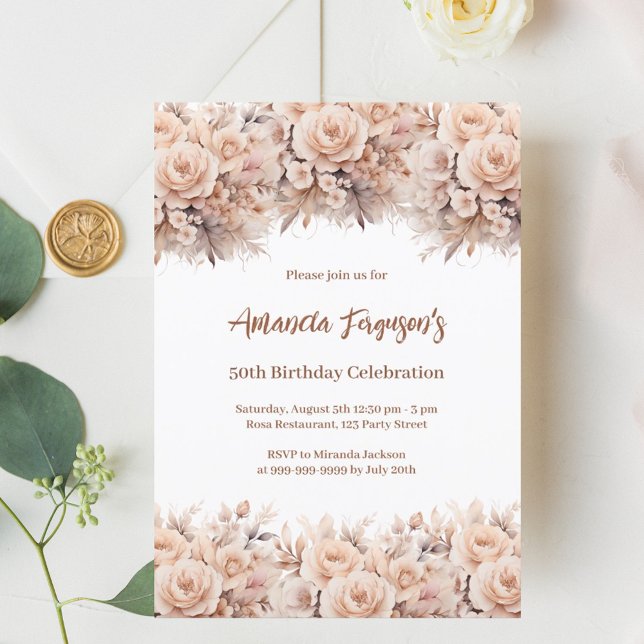 Blommigten Cream Peach ro födelsedag Inbjudningar (Skapare uppladdad)