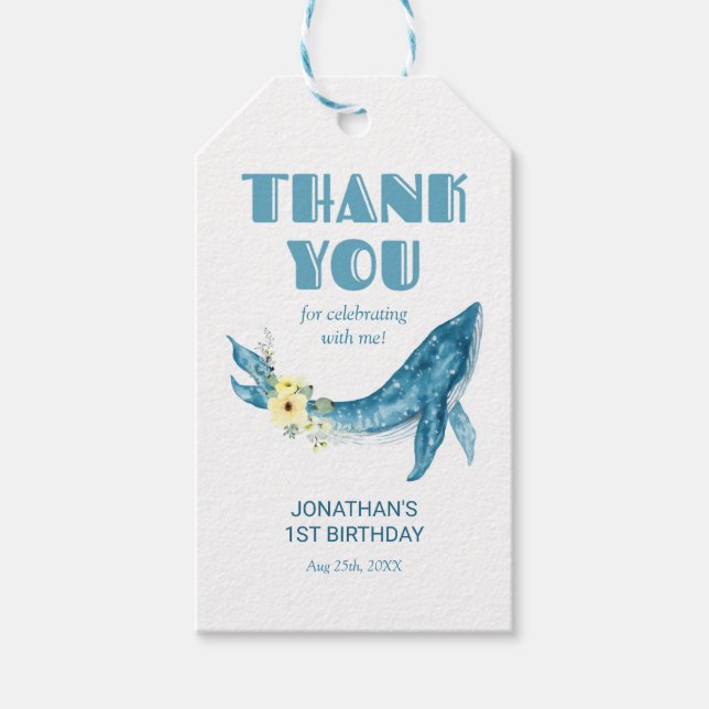 Blommigten Cute Blue Whale Gult Birday Tack Presentetikett (Framsidan)