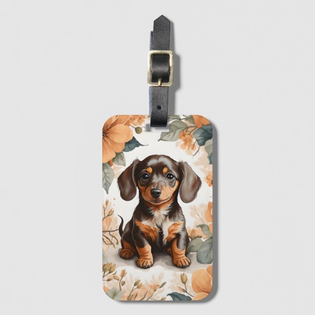 Blommigten Cute Brown Dachshund Puppy Peach Bagagebricka (Framsida vertikal)