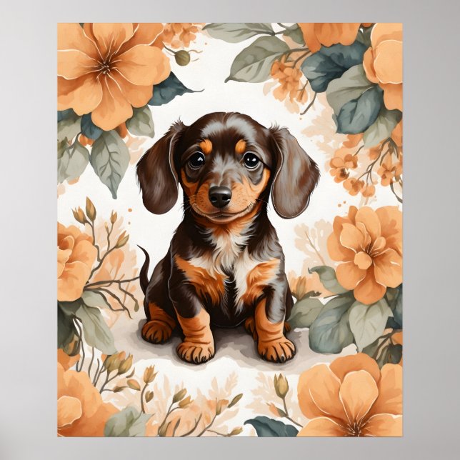 Blommigten Cute Brown Dachshund Puppy Peach Poster (Framsidan)