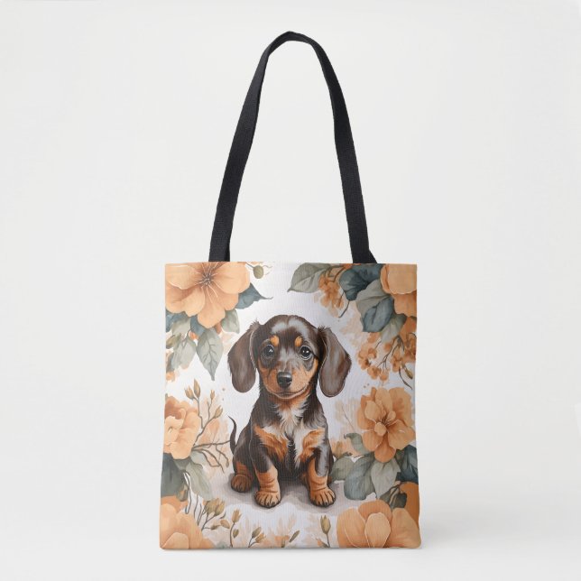 Blommigten Cute Brown Dachshund Puppy Peach Tygkasse (Framsida)