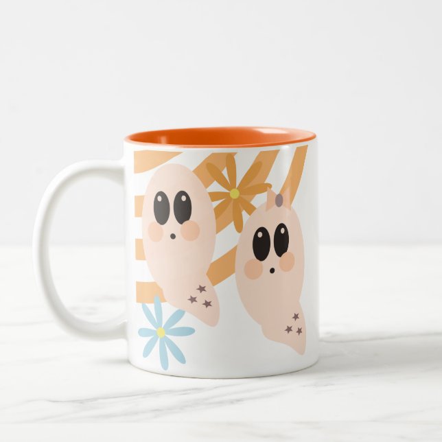 Blommigten Cute Ghost Ghoul Retro Groovy Två-Tonad Mugg (Vänster)