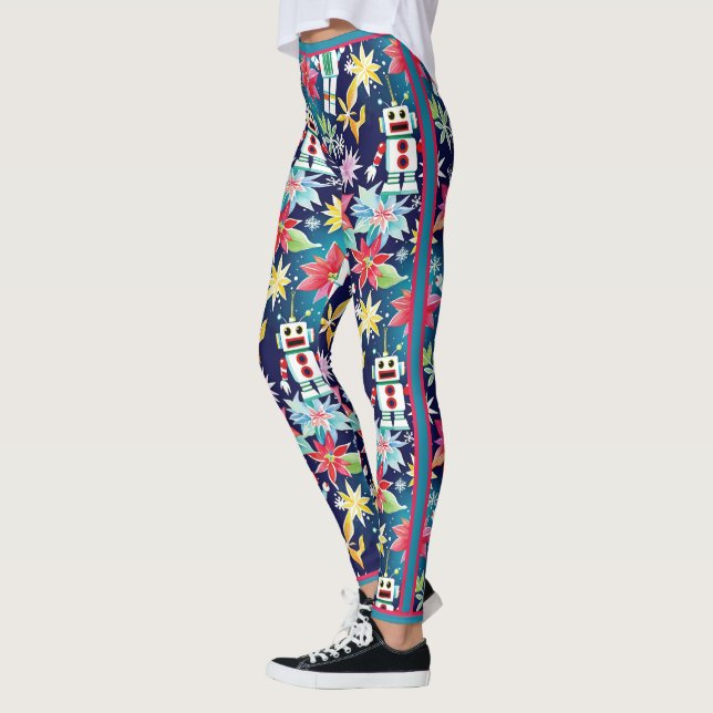 Blommigten Cute jul Retro Robots Leggings (Vänster)