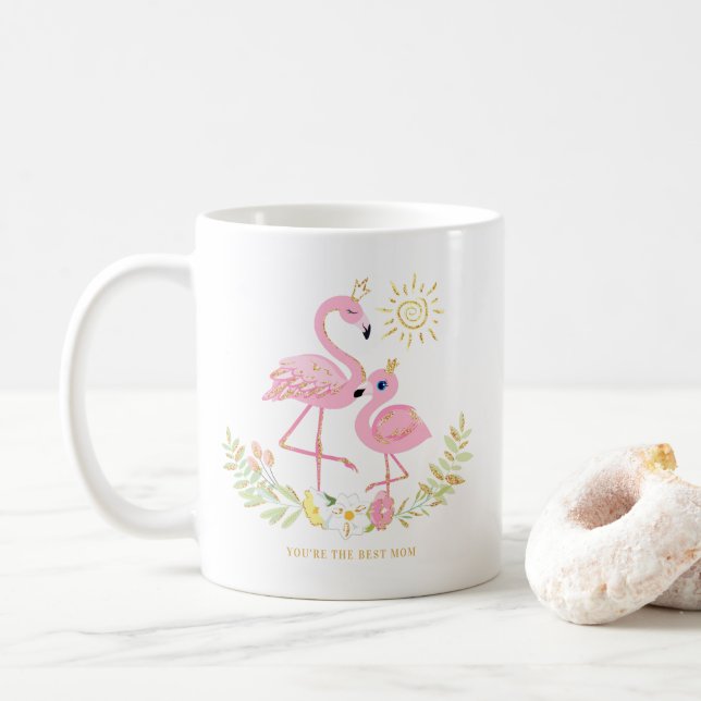 Blommigten Cute Mor och Dotter Flamingo Glitter Kaffemugg (Med munk)