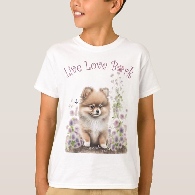 Blommigten Cute Pommern Hund T Shirt (Framsida)