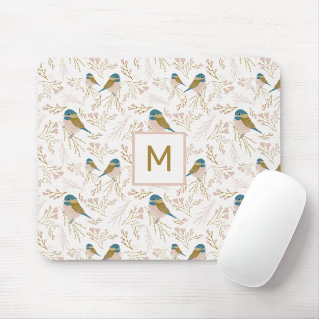 Blommigten Cute Rosa Guld Chickadee Hearts Initial Musmatta (Med mus)