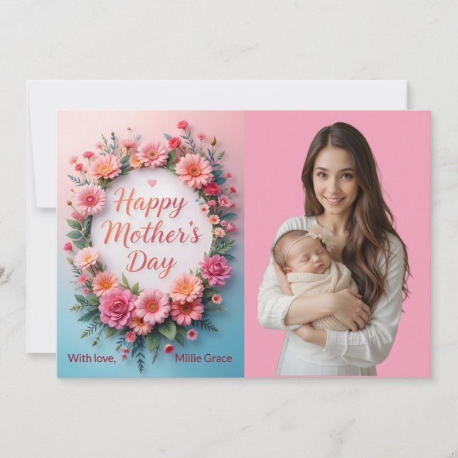 Blommigten Cute Rosa Photo Mors dag Card Inbjudningar (Framsida)