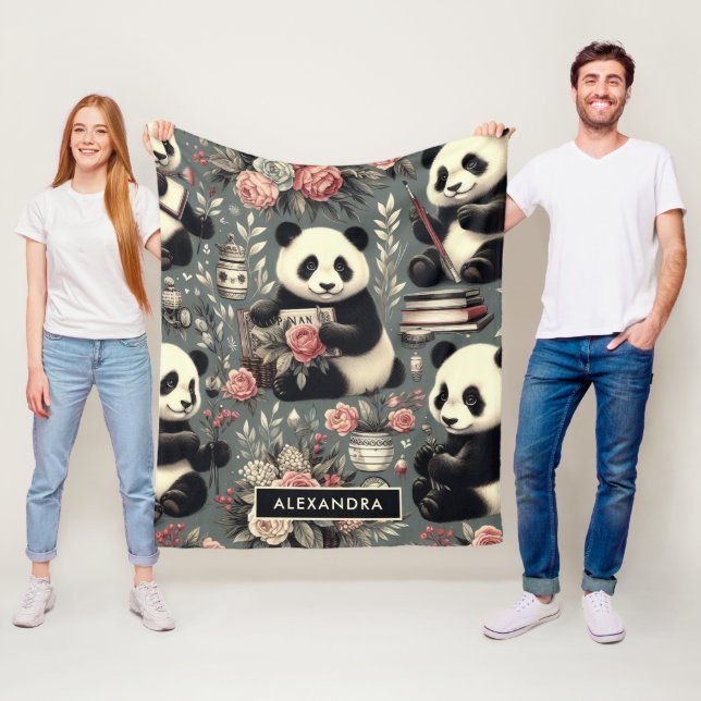 Blommigten Cute Vintage Panda Fleecefilt (På plats)