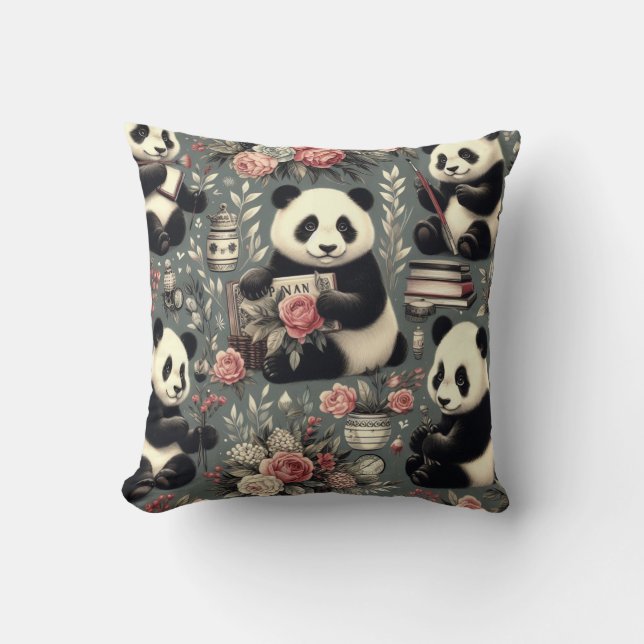 Blommigten Cute Vintage Panda Kudde (Framsida)