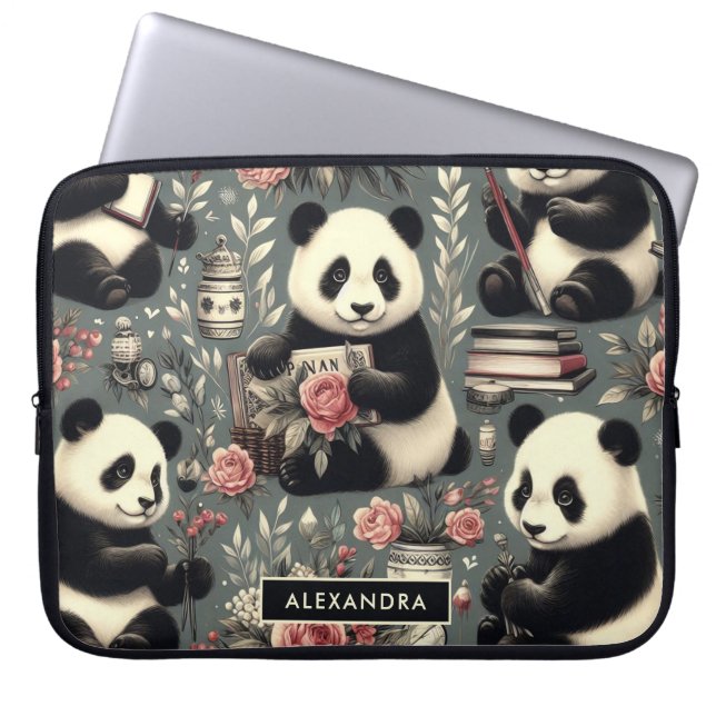 Blommigten Cute Vintage Panda Laptop Fodral (Framsidan)