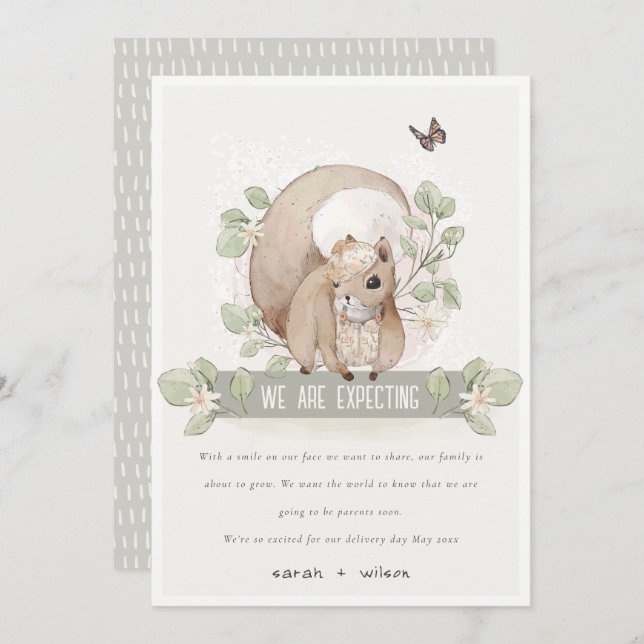 Blommigten Cute Woodland Squirrel Baby Inbjudningar (Fram/baksida)