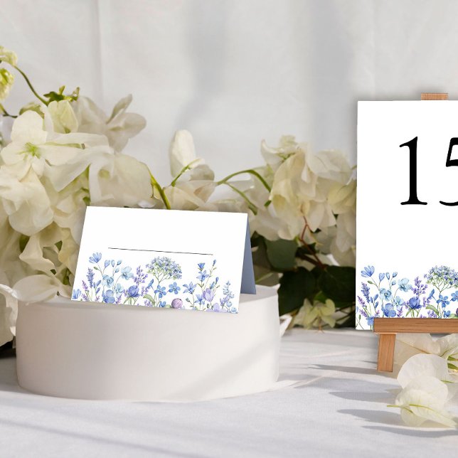 Blommigten Daety Periwinkle Wildblomme Bröllop Bor Placeringskort (Wedding Table Place Card from my Lilac + Periwinkle Wildflower Wedding Collection)