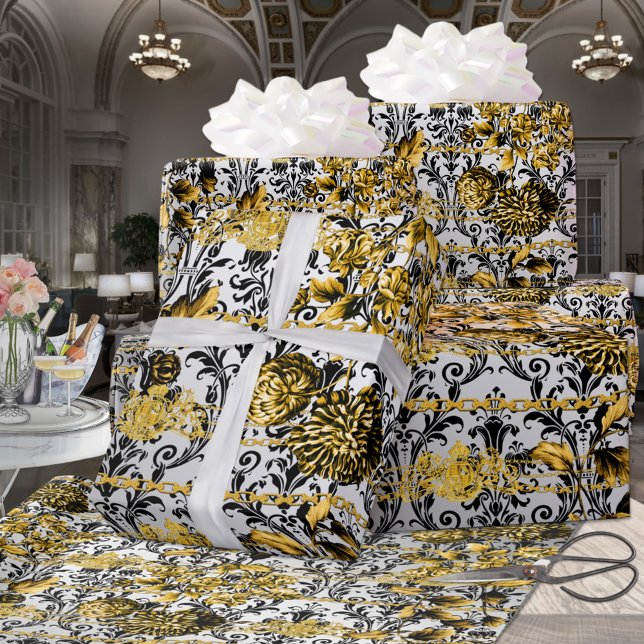 Blommigten Damask Acanthus Löv i Svarta Guld Silve Presentpapper (Skapare uppladdad)