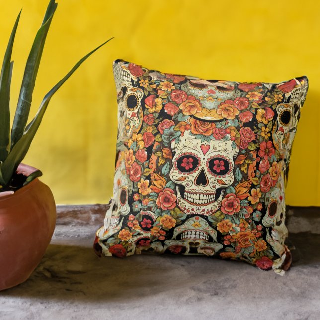Blommigten Day of the dead Sugar Skull Kudde (Skapare uppladdad)
