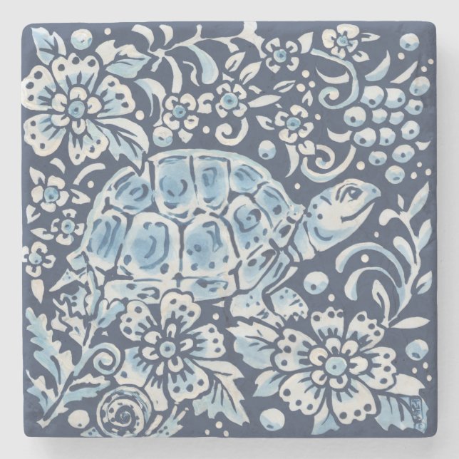 Blommigten Delft av Blue & White Turtle Woodland A Stenunderlägg (Framsidan)