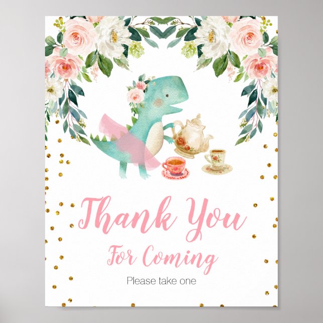Blommigten Dinosaur Tea Party Tack för att du kom Poster (Framsidan)