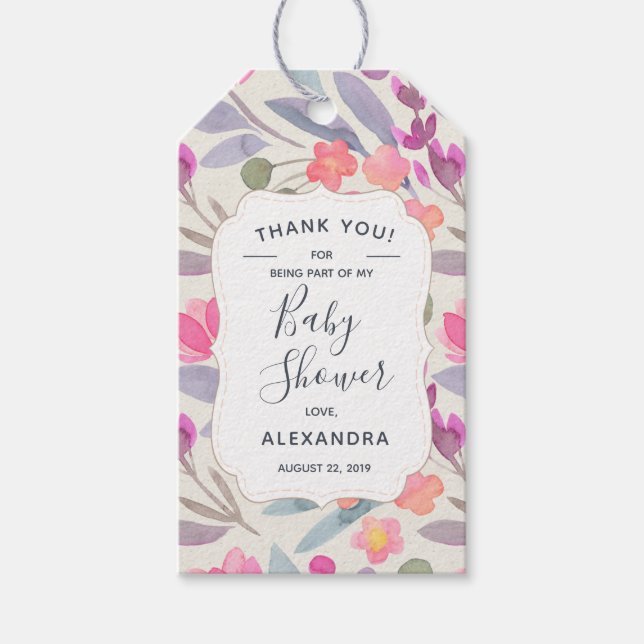Blommigten Dreamy Watercolor | Tack för babyskor Presentetikett (Framsidan)