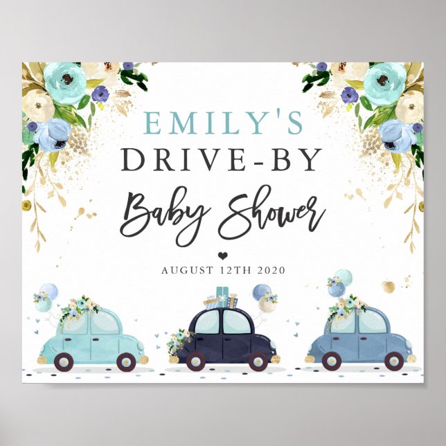 Blommigten Drive by Baby Shower Welcome Sign Blue Poster (Framsidan)