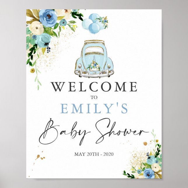 Blommigten Drive by Baby Shower Welcome Sign Blue Poster (Framsidan)