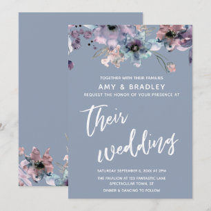 Blommigten Dusty Blue Bröllop i Avslappnad Handskr Inbjudningar