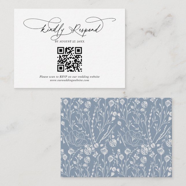 Blommigten Dusty Blue Bröllop i QR-kodskript Tilläggskort (Fram/baksida)