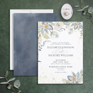Blommigten Dusty Blue Guld Watercolor Bröllop Inbjudningar