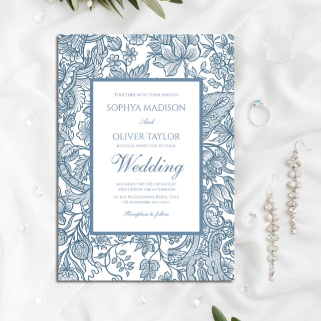 Blommigten Dusty Blue Line Art Wildblommor Inbjudningar (Skapare uppladdad)