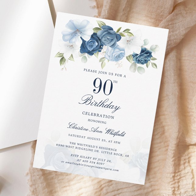 Blommigten elegant  90:e födelsedag inbjudningar (Elegant Script Floral 90th Birthday Invitation)